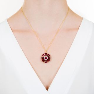 Estate Cabochon Ruby and Diamond Pendant Necklace
