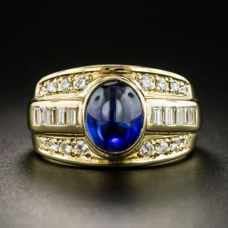 Estate Cabochon Sapphire And Diamond Channel Ring  - 1
