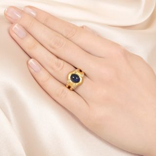Estate Cabochon Sapphire, Diamond, 18K Ring