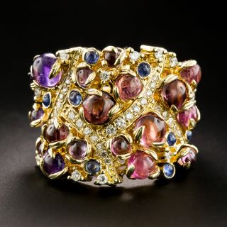Estate Cabochon Sapphire, Pink Tourmaline and Amethyst Wide Band Ring - 2