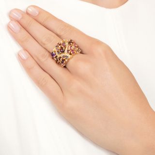Estate Cabochon Sapphire, Pink Tourmaline and Amethyst Wide Band Ring