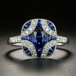 Estate Calibre Cut Sapphire and Diamond Ring - 2