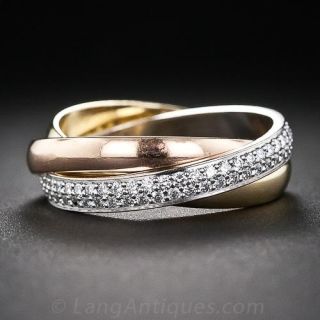 Estate Cartier 18K Tri-Color Gold Trinity Rolling Ring with Diamonds