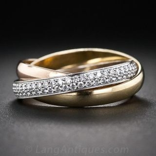 Estate Cartier 18K Tri-Color Gold Trinity Rolling Ring with Diamonds