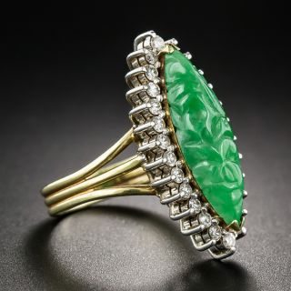Estate Carved Burmese Jade and Diamond Halo Ring