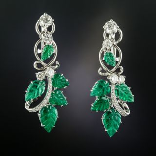 Estate Carved Emerald and Diamond Dangle Earrings - 2