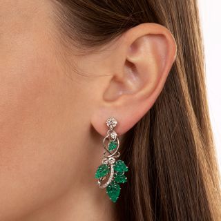 Estate Carved Emerald and Diamond Dangle Earrings