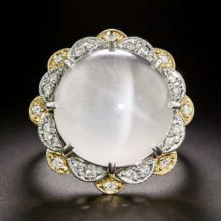 Estate Cat's Eye Cabochon Moonstone and Diamond Flower Ring - 2