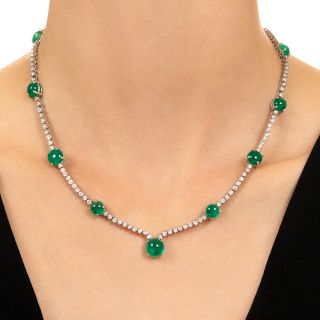 Estate Colombian Cabochon Emerald and Diamond Necklace - GIA