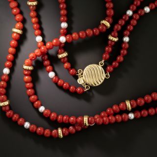 Estate Coral and Cultured Pearl Double-Strand Necklace - 2