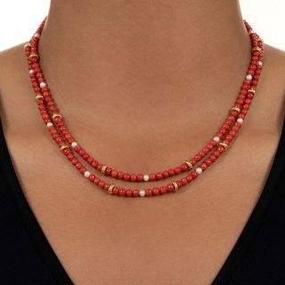 Estate Coral and Cultured Pearl Double-Strand Necklace