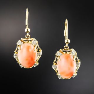 Estate Coral and Diamond Dangle Earrings - 2