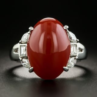 Estate Coral Cabochon and Diamond Ring - 1