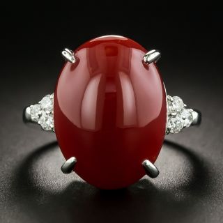 Estate Coral Cabochon and Diamond Ring - 2