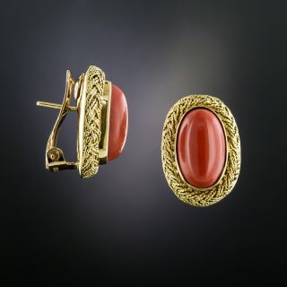 Estate Coral Cabochon Earrings - 2