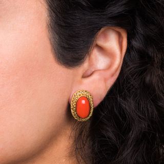Estate Coral Cabochon Earrings