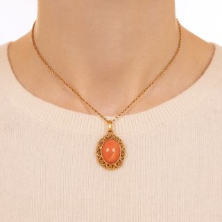 Estate Coral in Golden Braid-Work Pendant