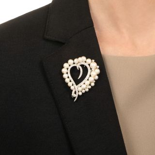 Estate Cultured Pearl and Diamond Heart Brooch