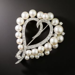 Estate Cultured Pearl and Diamond Heart Brooch - 2