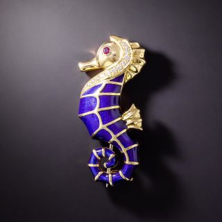 Estate Diamond and Blue Enamel Seahorse Brooch - 2