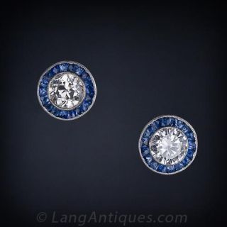 Estate Diamond & Calibre Sapphire Stud Earrings