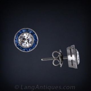 Estate Diamond & Calibre Sapphire Stud Earrings