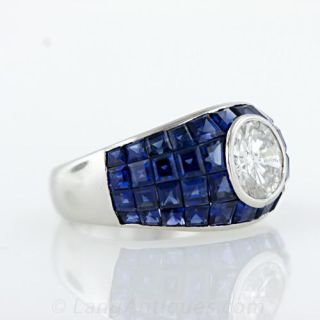 Estate Diamond and  Invisible Set Sapphire Ring in Platinum