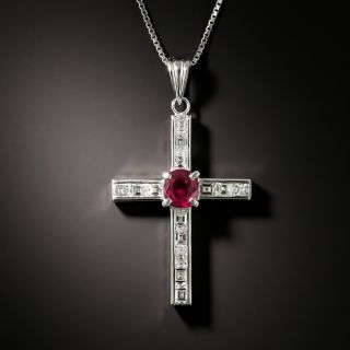 Estate Diamond and Ruby Cross Pendant - 1