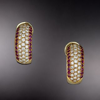 Estate Diamond and Ruby Half Hoop Earrings  - 1