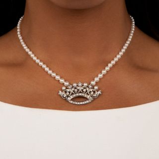  Estate Diamond Crown and Pearl Necklace