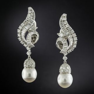 Estate Diamond Flame Earrings with Removable South Sea Pearl Drops - 3