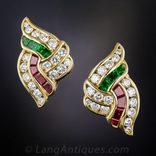Estate Diamond, Green Glass and Synthetic Ruby Earrings - 2