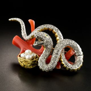 Estate Diamond Snake with Coral Branch and Pearl Brooch - 2