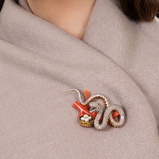 Estate Diamond Snake with Coral Branch and Pearl Brooch