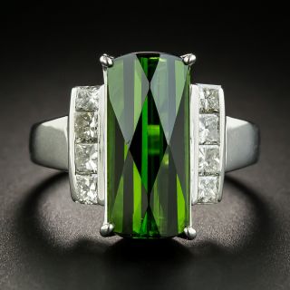Estate Elongated Green Tourmaline and Diamond Ring - 1