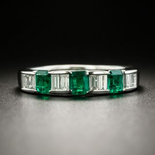 Estate Emerald and Baguette Diamond Platinum Band - 1