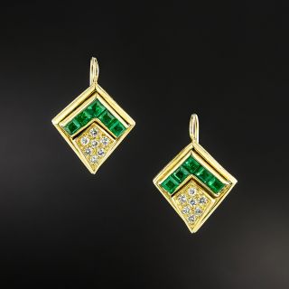 Estate Emerald and Diamond Chevron Earrings - 1