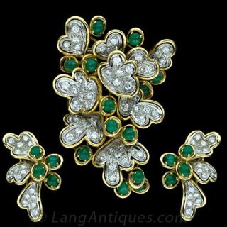 Estate Emerald and Diamond Pin and Earring Suite Main View