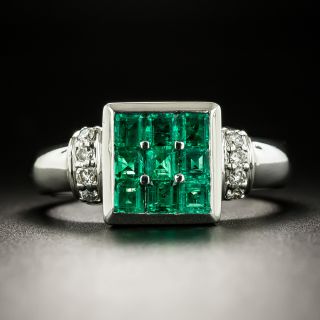 Estate Emerald and Diamond Square Ring - 2