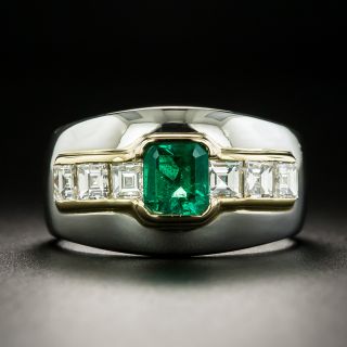Estate Emerald and Diamond Wide Band Ring - 2