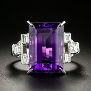 Emerald-Cut Amethyst and Baguette Diamond Platinum Ring - 1