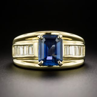 Estate Emerald-Cut Sapphire and Baguette Diamond Ring - 2