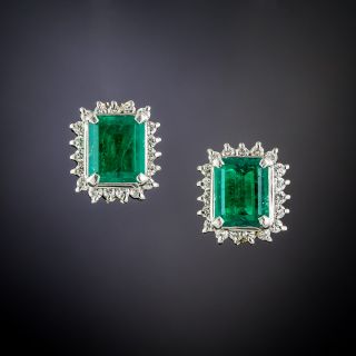 Estate Emerald Diamond Halo Platinum Earrings - 3