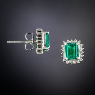 Estate Emerald Diamond Halo Platinum Earrings