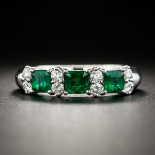 Estate Emerald Diamond Platinum Band Ring - 1