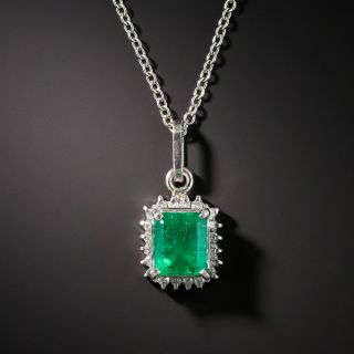 Estate Emerald Platinum Diamond Halo Pendant Necklace - 2