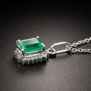 Estate Emerald Platinum Diamond Halo Pendant Necklace