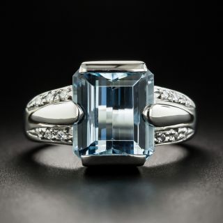 Estate EmeraldCut Aquamarine and Diamond Ring - 1