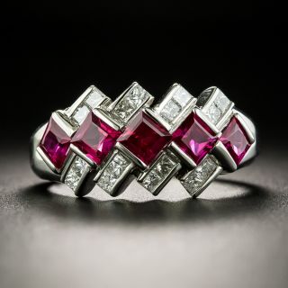 Estate Five Stone Ruby and Diamond Geometric Band Ring - 2
