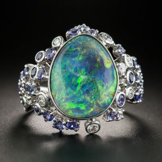 Estate Free Form Opal, Sapphire and Diamond Ring  - 1